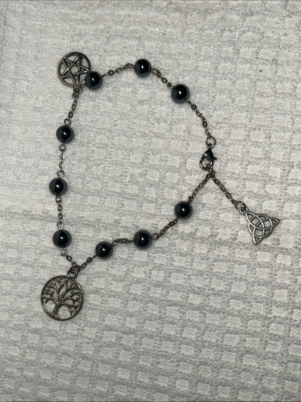 Agate Bead Anklet W/Silver Pentagram, Tree of Life & Celtic Knot Charms